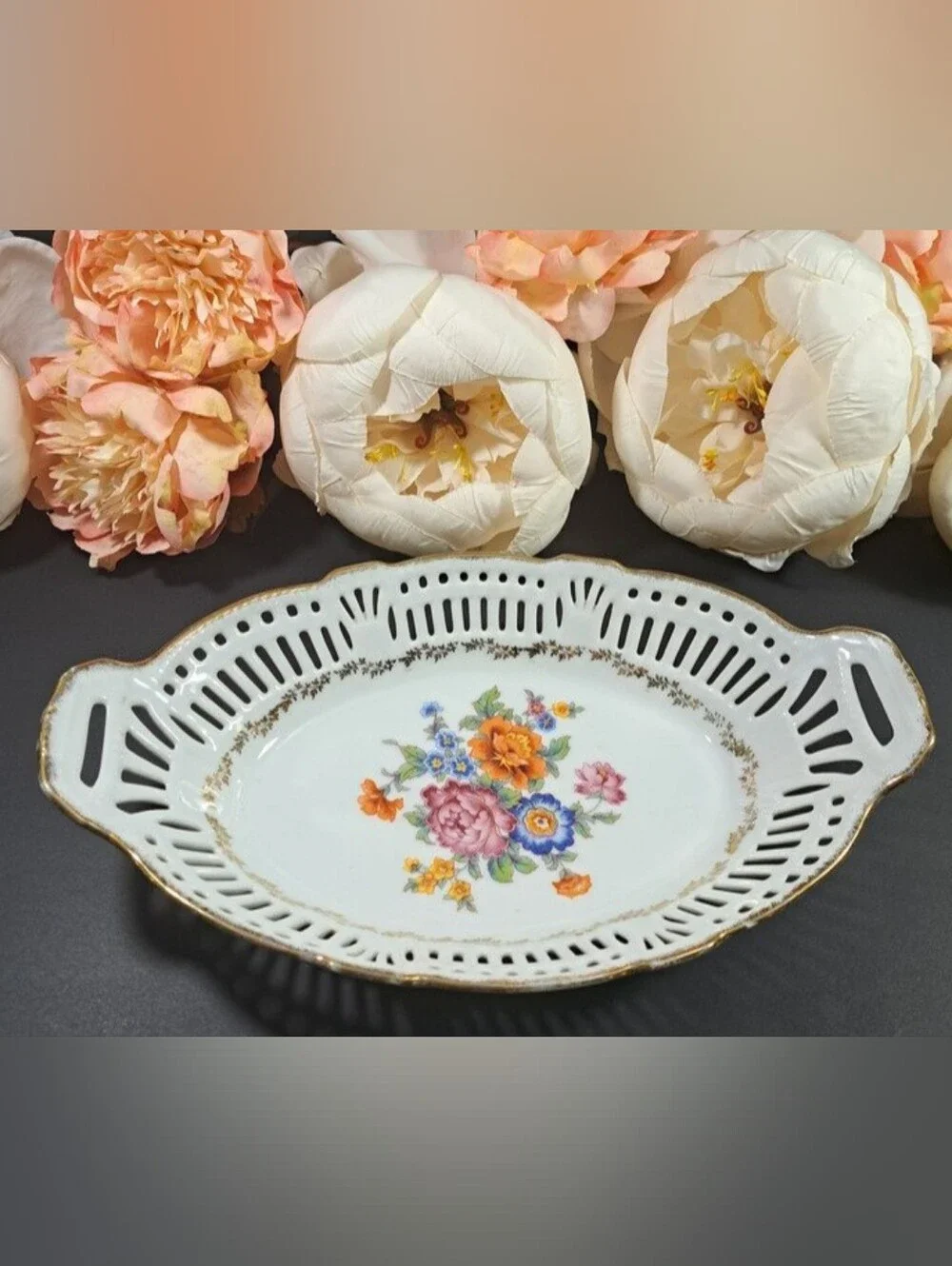 Vintage Floral Reticulated Oval Bowl Gold Trim, Pink Flowers, Made in Germany